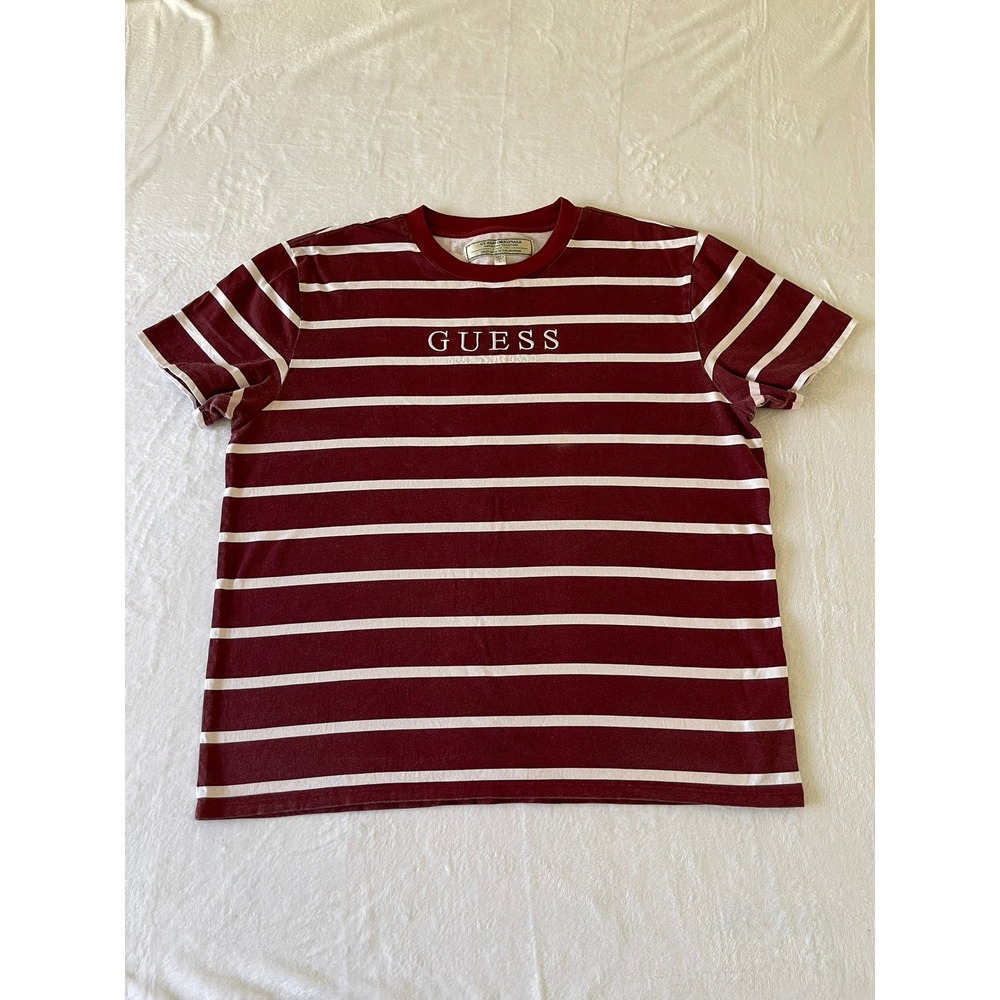 GUESS Originals Mens L T Shirt Burgundy White Striped Embroidered Logo Cotton